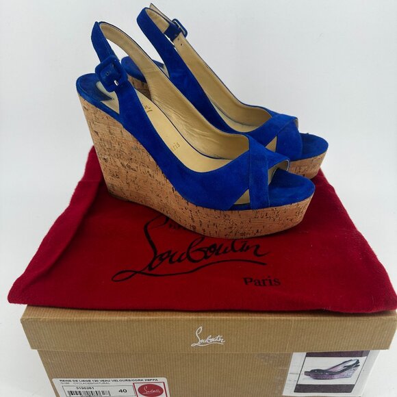 Louboutin Blue Suede Cork Sandal Platforms - Size 40 - Picture 1 of 5